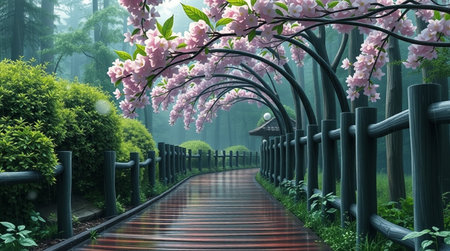 Cherry blossoms and wooden walkway in the misty morningの写真素材