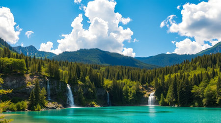 Panoramic view of a beautiful mountain lake with a waterfall in the backgroundの写真素材
