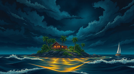 Illustration of a small island in the ocean at night with palm treesの写真素材