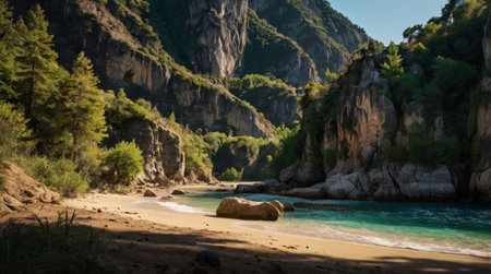 Panoramic view of the turquoise sea and mountains.の写真素材
