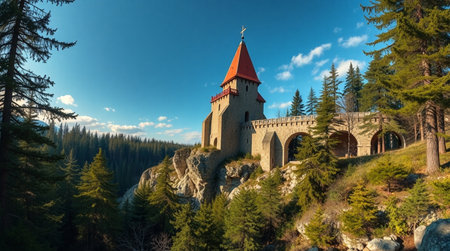 Panoramic view of medieval castle in Carpathian mountains, Ukraine