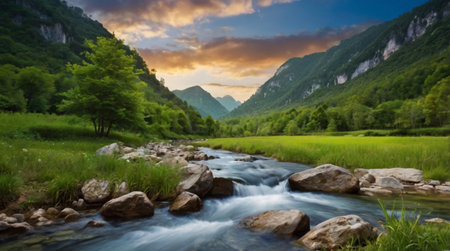 Long exposure of a mountain river flowing through a green meadow at sunset.の写真素材