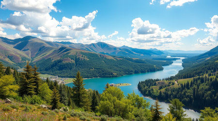 Panoramic view of the lake and mountains in the Altai Republicの写真素材