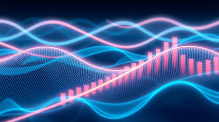 3d rendering of abstract digital sound waves in blue and pink colorsの写真素材