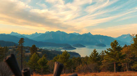 Panoramic view of mountains at sunsetの写真素材