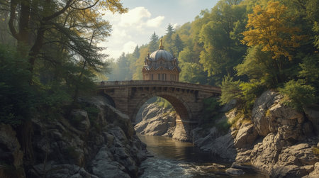 Stone bridge over the river in the autumn forest. 3d rendering