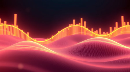 3d rendering of abstract digital sound wave with bokeh lights on dark backgroundの写真素材