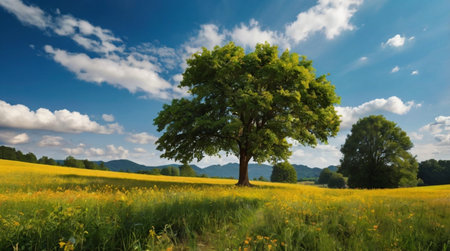 Big tree in the meadow with yellow flowers and blue sky with cloudsの写真素材