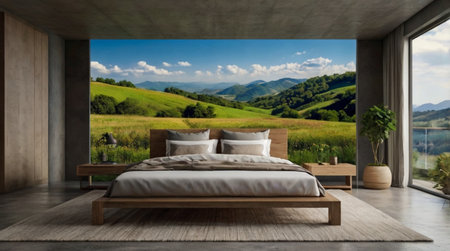3D rendering of a modern bedroom in a villa with mountain viewの写真素材