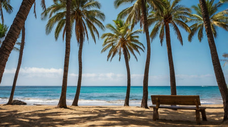 Palm trees and bench on a tropical beach with turquoise waterの写真素材