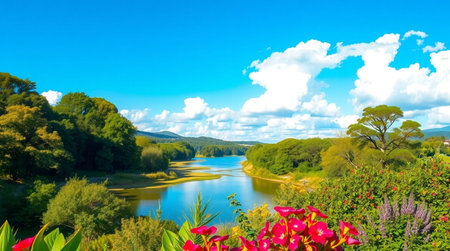 Beautiful summer landscape with river and blue sky with white clouds.の写真素材