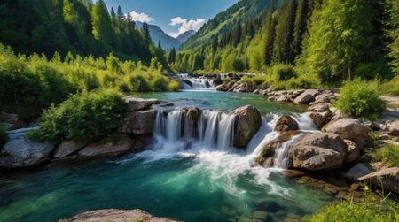 Panoramic view of a beautiful waterfall in the Austrian Alps.の写真素材