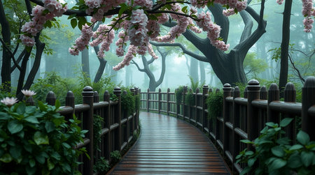 Beautiful Japanese garden with cherry blossom trees in the morning fogの写真素材