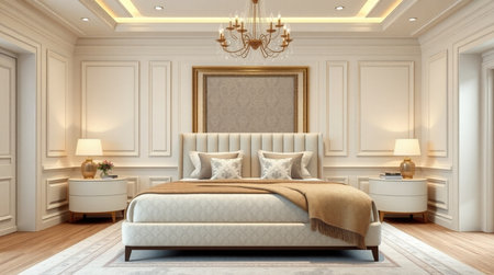 3d rendering luxury classic bedroom suite in hotel style with golden frameの写真素材