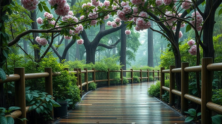 Wooden walkway in the park with pink Rhododendron flowers