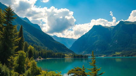 Panoramic view of beautiful alpine lake. Alps, Switzerlandの写真素材