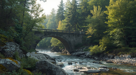 Old stone bridge over a mountain river in the middle of the forest