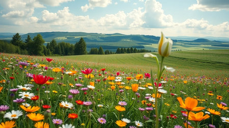 Beautiful spring landscape in Tuscany, Italy. Colorful meadow with flowers.