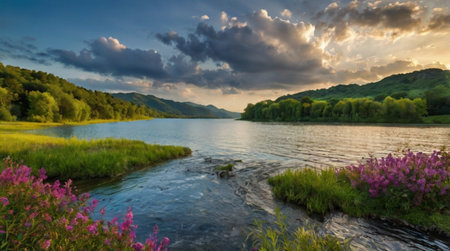 Panoramic view of the mountain river at sunset. Beautiful summer landscape.