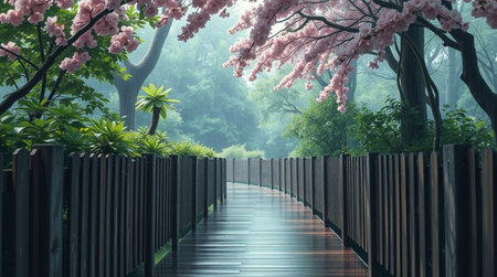 Wooden walkway with pink cherry blossoms in japanese gardenの写真素材