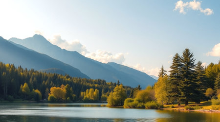 Beautiful landscape with lake, mountains and forest in the background.の写真素材