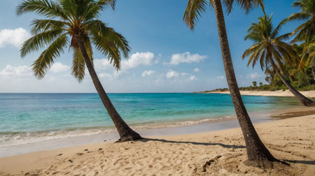 Coconut palm trees on the sandy beach in Seychellesの写真素材