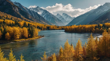 Panoramic view of autumn alpine landscape with river and mountains.の写真素材