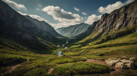 Panoramic view of the valley in the Caucasus mountains, Russiaの写真素材