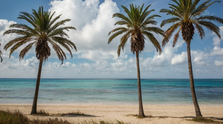 Palm trees on the beach in Aruba, Caribbean sea.の写真素材