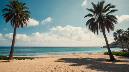 Beautiful tropical beach with palm trees and blue sky. Panoramaの写真素材