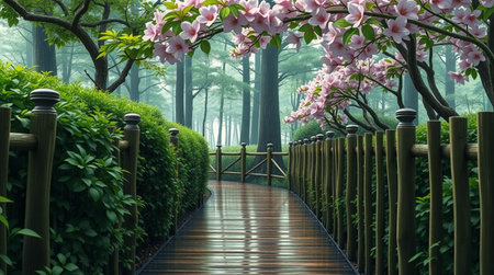 Japanese garden with pink magnolia flowers and wooden walkway in morningの写真素材