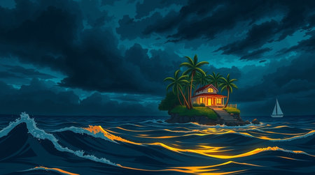 Illustration of an island in the ocean with a house at nightの写真素材