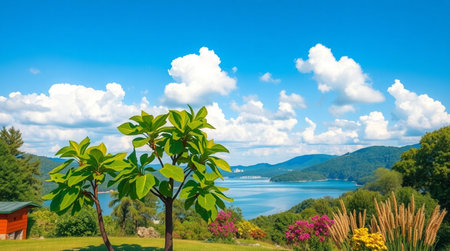 Beautiful landscape of lake and mountain with green trees and blue skyの写真素材