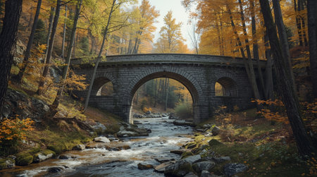 Old stone bridge over the river in the autumn forest. Nature composition.