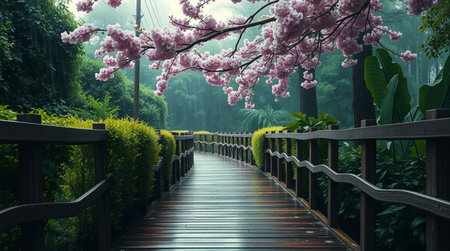Wooden bridge with cherry blossoms in the garden. Spring season.の写真素材