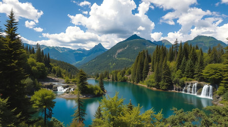 Beautiful view of turquoise lake with mountains in background.の写真素材