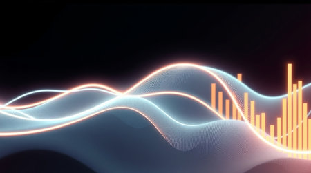 3d rendering of digital sound wave on dark background with bokeh lightsの写真素材