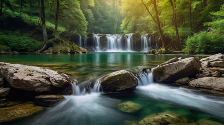 Waterfall in deep forest at Plitvice Lakes National Park, Croatiaの写真素材