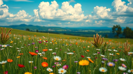 Beautiful meadow with wildflowers and blue sky with clouds
