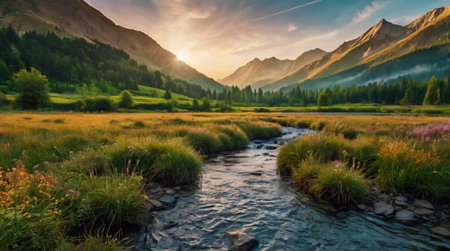 Panoramic view of alpine meadow and mountain river at sunset