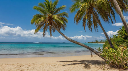 Tropical beach with coconut palm trees at Seychelles