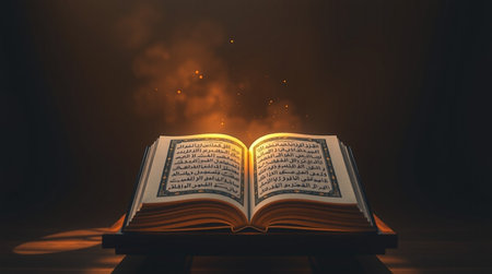 Open holy bible on wooden table with light, 3d renderingの写真素材