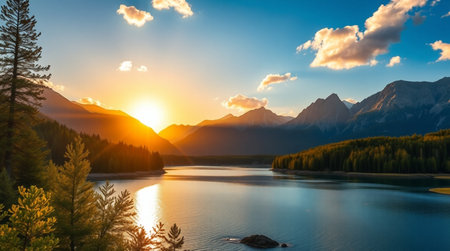 Sunset over the lake. Canadian Rockies, Alberta, Canada.