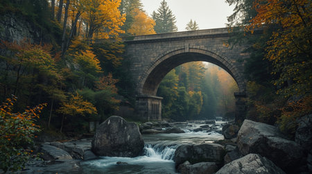 Autumn landscape with a stone bridge over a mountain river in the forestの写真素材