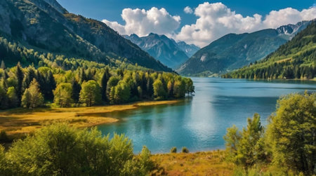 Panoramic view of the mountain lake in the Altai Republicの写真素材