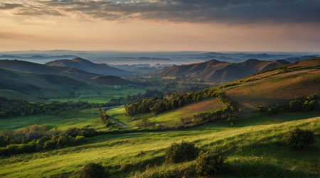 Beautiful panoramic landscape of rolling hills in the morning lightの写真素材