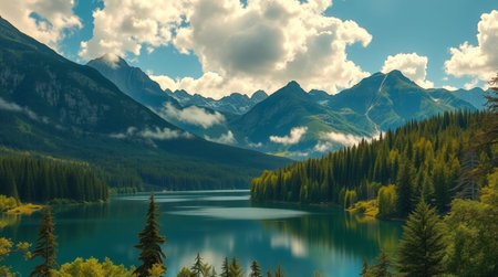 Mountain lake and forest. Lake in the mountains. Summer landscape