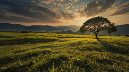 Sunset over a meadow with a tree and mountains in the backgroundの写真素材