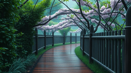 Walkway with cherry blossoms in the park, 3D renderingの写真素材