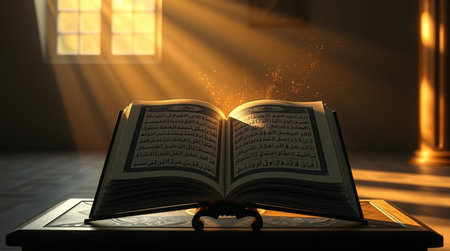 Open holy book in the dark room. 3D rendering